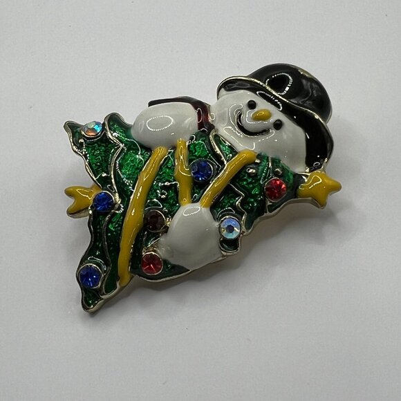 Vintage Snowman Brooch White Green Enamel‎ and Crystal Accent Pin - Picture 6 of 7